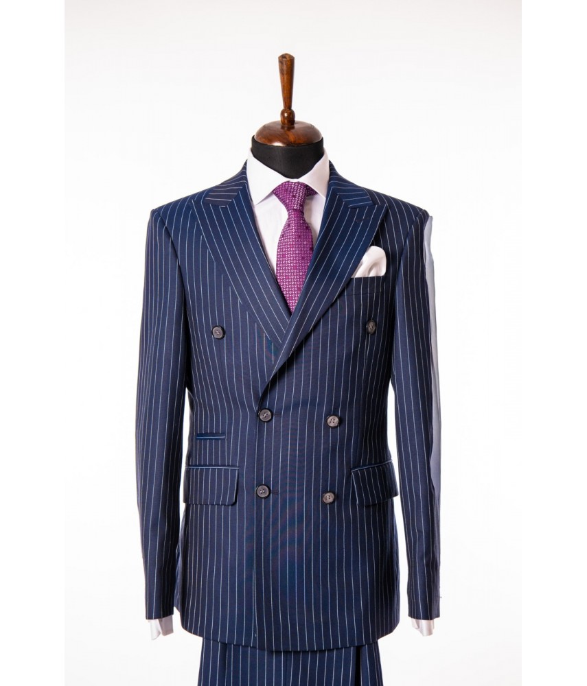 Costum Barbati  Albastru Cu Dungi  Double  Breasted